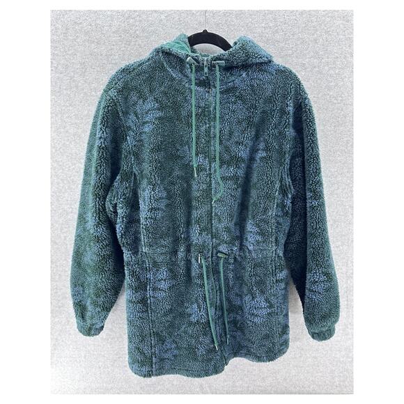 Vintage L.L. Bean Women's sz M Oak Leaf Print Green Blue Fleece Zip Up Hoodie - Picture 1 of 10